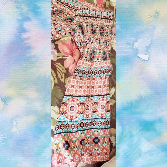 SOLD-Torrid Mosaic Smocked Bell Sleeve Dress - Picture 6 of 8